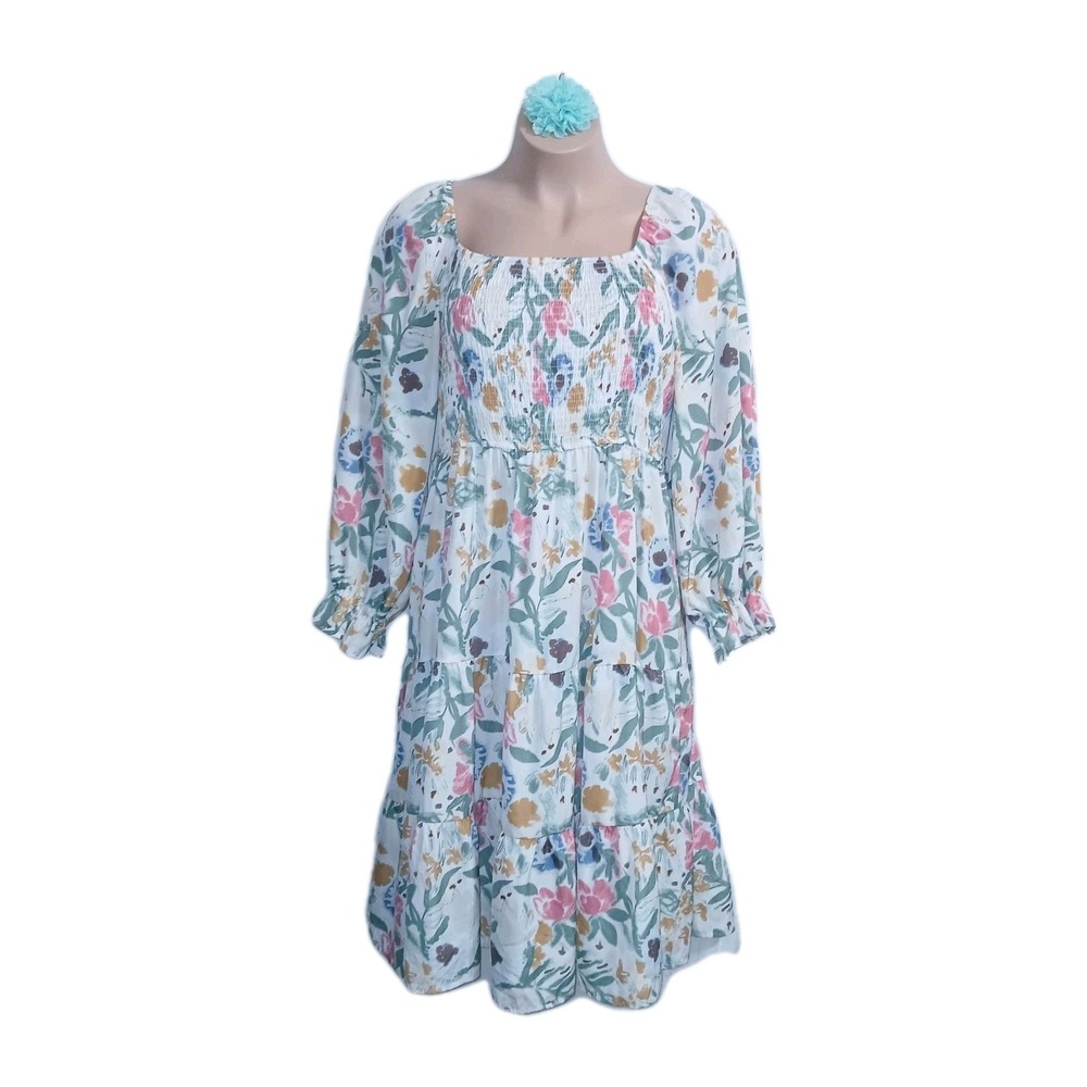 Simplee Plus Women Tiered Smocked Dress 3XL Ivory Pink Floral Cottage Prairie